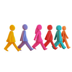 Colorful 3D Figures Walking in a Row: A Vibrant Representation of Unity and Movement