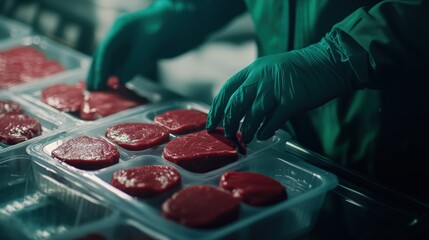 Close-up view of a worker packaging high-quality beef burger patties at a vibrant food processing plant during a bustling production day