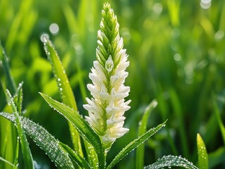 Fototapeta premium A macro shot of a single tiny white wildflower nestled among dewy green grass blades, highlighting its delicate beauty.