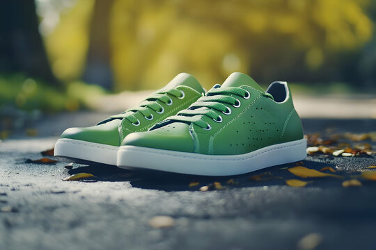 A fresh pair of green sports sneakers placed on the ground, engineered for comfort, flexibility, and performance for athletes and active users.