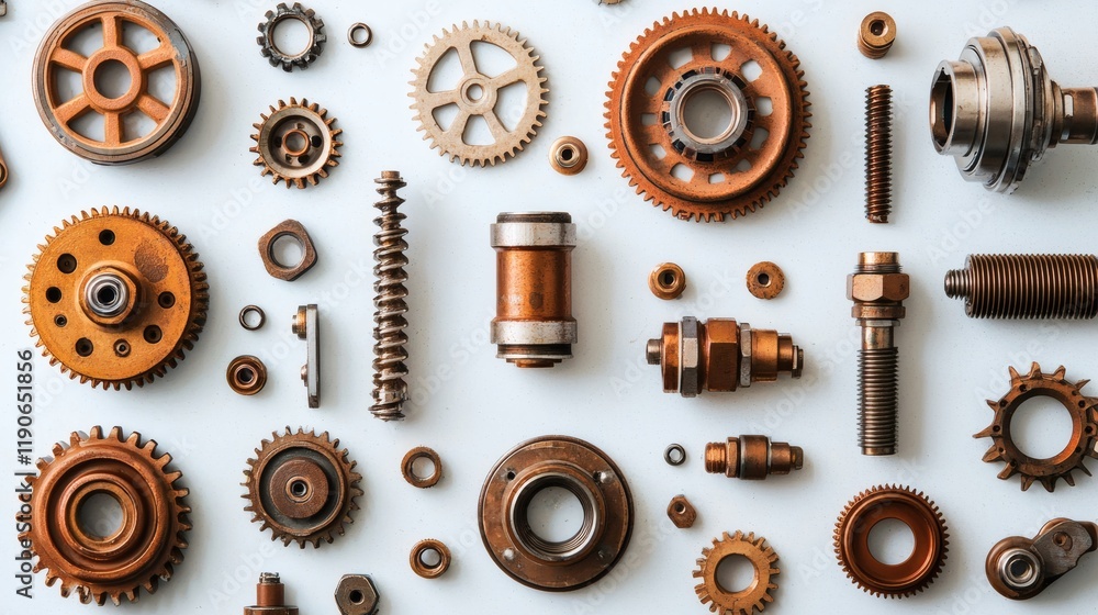 Poster Automotive components displayed on a clean white table featuring gears pistons and engine parts with intricate details Stock Photo with side copy space