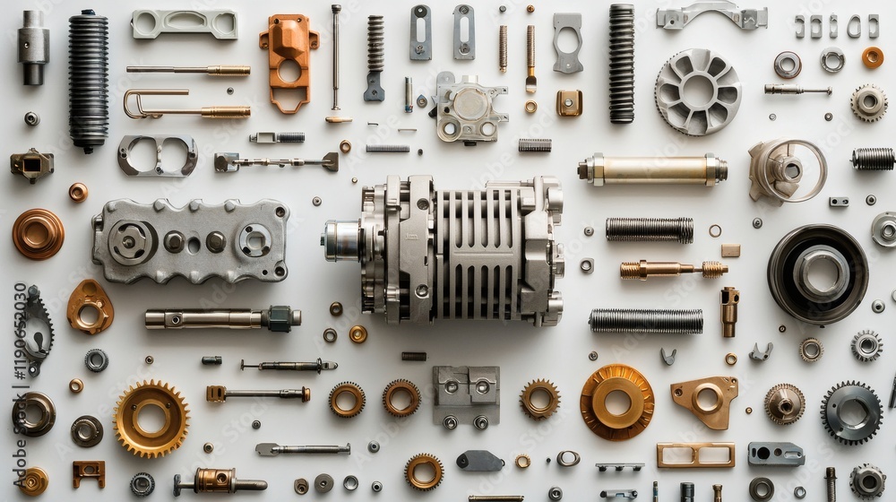 Poster automotive components displayed on a clean white table featuring gears pistons and engine parts with