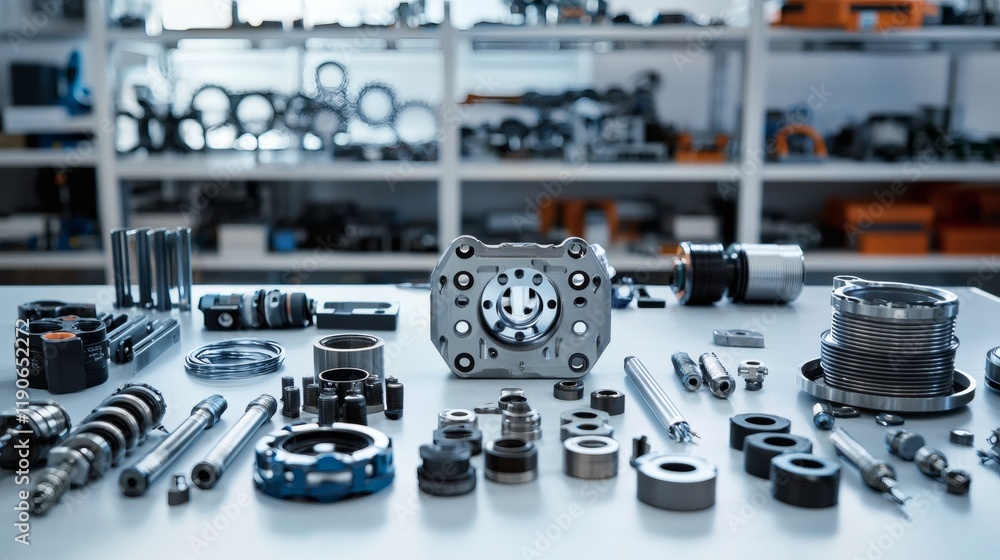 Poster Automotive components arranged neatly in a workshop setting with tools and equipment emphasizing precision engineering Stock Photo with side copy space