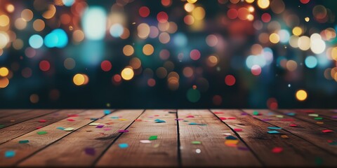 Empty wooden table top ready for festive celebration, set against a backdrop of vibrant bokeh lights and cheerful confetti at night for product display or artistic design.