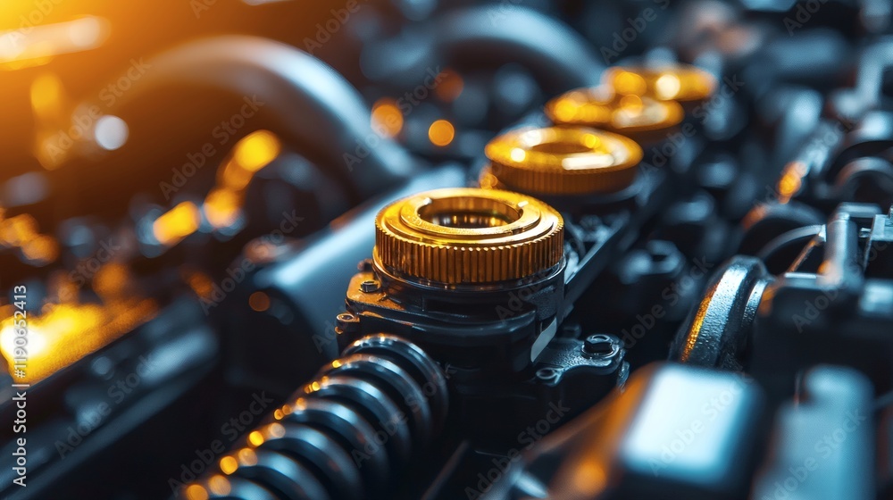 Aufkleber Automotive components arranged neatly in a workshop setting with tools and equipment emphasizing precision engineering Stock Photo with side copy space