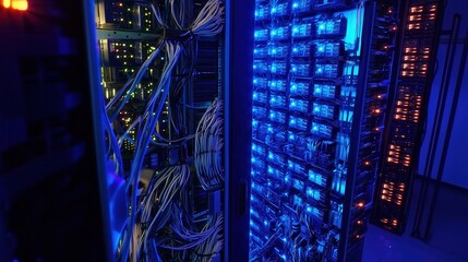 Futuristic server room showcasing cutting-edge technology with glowing cables and intricate data nodes, where digital connections come to life in stunning detail and clarity