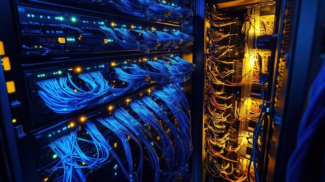 Futuristic server room featuring advanced networking technology with glowing cables and intricate data nodes in a high-resolution, ultra-detailed setting