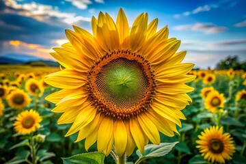 Obraz premium Close-up Sunflower Bloom with Bee in Rural Field - Artistic Nature Photography