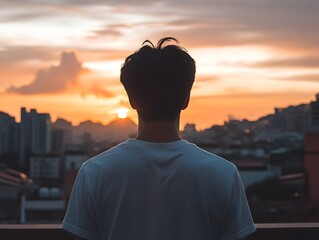 Fototapeta premium Man Watching Sunset Cityscape Back View Silhouette