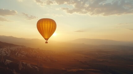 Obraz premium Solo hot air balloon flight soaring over breathtaking landscapes during golden hour in the vast wilderness