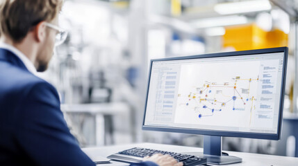 Fototapeta premium Engineer analyzing industrial data and automation system on office computer screen