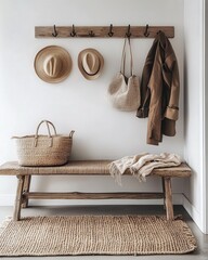 A serene entryway featuring a rustic bench, a woven rug, and hooks for coats and hats