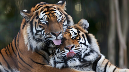 A beautiful photo of two tigers, one adult and one cub, showcasing their majestic and striking appearance in the wild