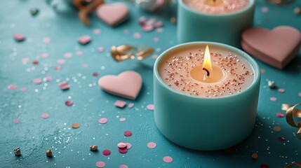 Valentine's Day background. Gifts, candle, confetti, envelope on pastel blue background. Valentines day concept. Flat lay, top view, copy space