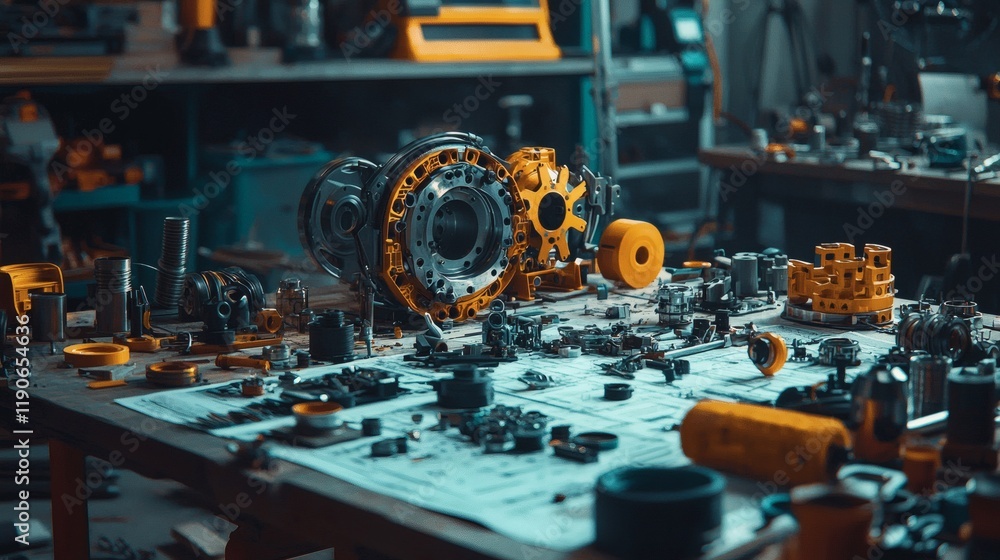 Poster Automotive components placed on a rustic workbench surrounded by blueprints and technical drawings Stock Photo with side copy space