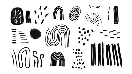 Abstract collection of geometric shapes and expressive black and white lines