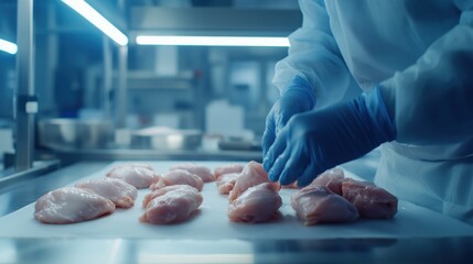 Focus on food safety and responsibility in modern meat production at a clean factory