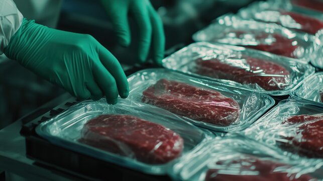 Worker efficiently packages hamburger meat in a factory setting with bright colors and detailed focus