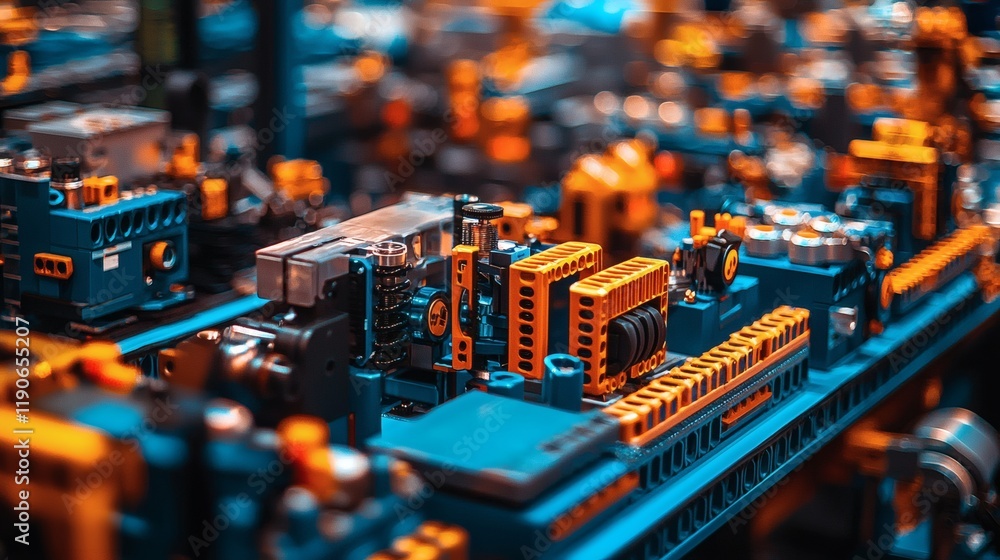Poster Automotive components displayed at an industry trade show with engineers discussing their features and applications Stock Photo with side copy space