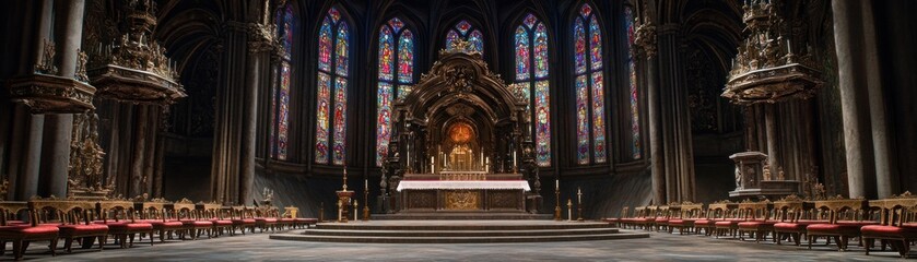 Fototapeta premium Stunning Interior of a Cathedral Featuring Colorful Stained Glass and Majestic Altar