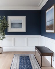 Fototapeta premium A serene hallway with a navy blue accent wall and white wainscoting for a classic touch