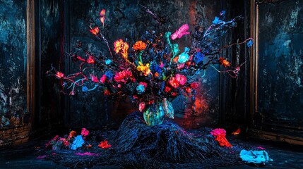 Fototapeta premium Vibrant Neon Flower Arrangement Dark Abstract Background