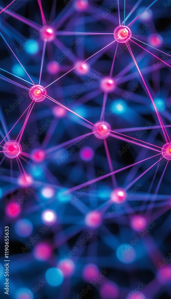 Poster glowing neural network with interconnected nodes, digital communication, data transmission