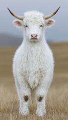 Fototapeta premium Majestic White Highland Cow Standing in a Grassy Field, Wildlife Portrait, Nature Photography