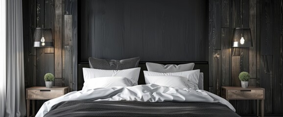 Black wooden headboard with matching bedside tables, lamps with translucent black lampshade, white quilt and gray cushions