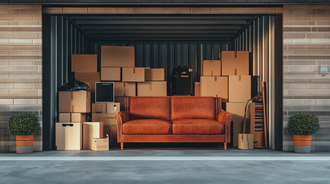 Open storage unit filled with cardboard boxes, furniture, other things
