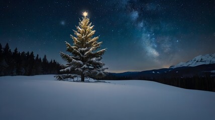 A lone Christmas tree, centrally positioned on a snowy field under a star-studded night sky