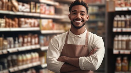 Friendly Grocery Store Employee Smiling in a Retail Environment