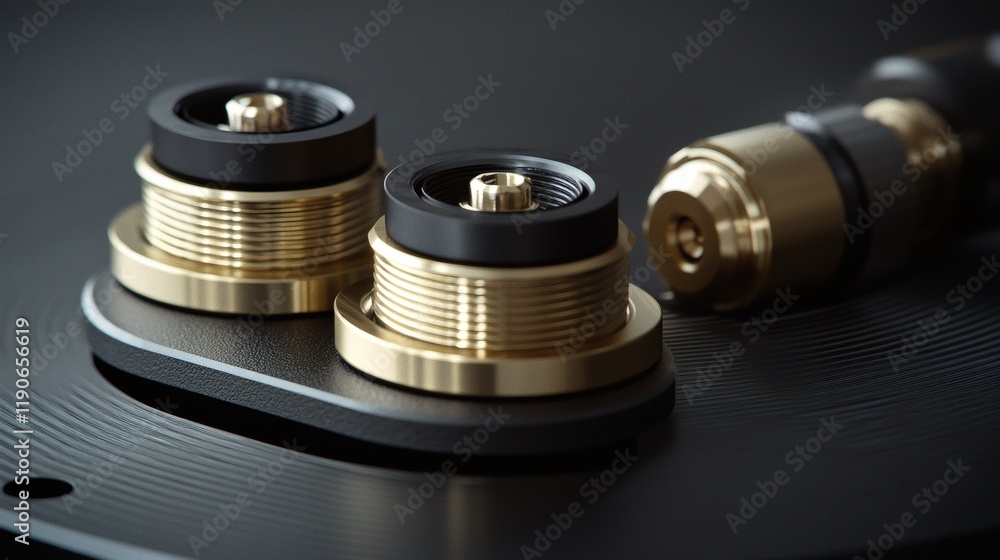 Poster Automotive components during the assembly process in an automated line showcasing efficiency and technological advancement Stock Photo with side copy space