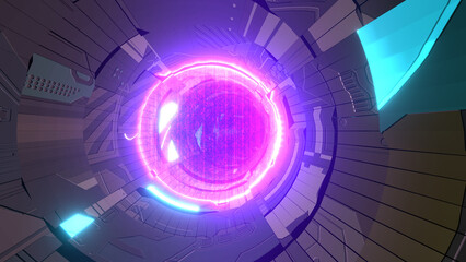 Futuristic sci-fi 3D laser scanning scene image of circular hard surface objects created by 3D rendered glowing laser beams.