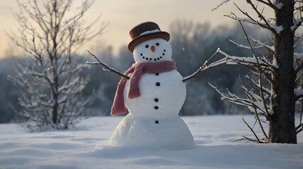Obraz premium Smiling snowman in winter, wearing a hat and scarf, natural street lighting, forest background, daylight made With AI