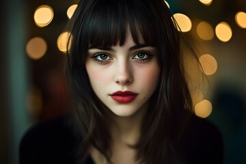 Beautiful Woman Portrait  Green Eyes  Red Lips  Bokeh Lights