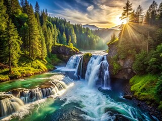 Majestic Washington River and Waterfall Landscape - Scenic Cascade View