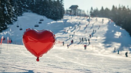 Valentine's Day red heart-shaped balloon on a ski slope in the snowy mountains, special offer for winter holidays and ski passes