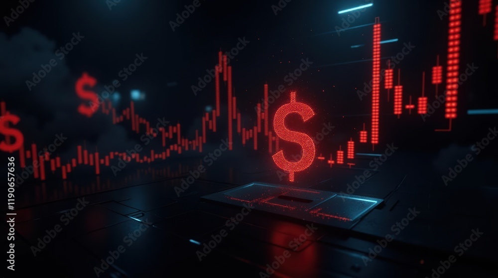 Poster dynamic visual representation of financial market trends with glowing dollar symbols and data analyt