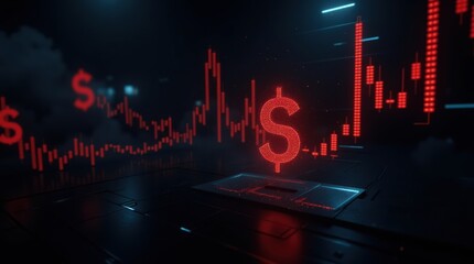 Dynamic Visual Representation of Financial Market Trends with Glowing Dollar Symbols and Data Analytics