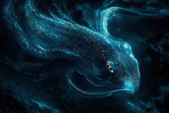Intriguing Architeuthis dux squid with glowing bioluminescent features in dark deepsea environment