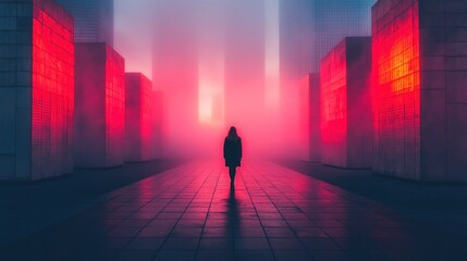 Solitary figure in a foggy, neon-lit city alley.