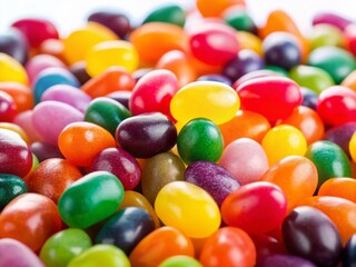 Colorful Jelly Beans Scattered on White Background - Sweet Candy Stock Photo