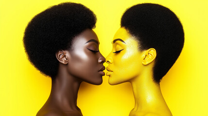 Fototapeta premium Two women kissing in profile against a yellow background