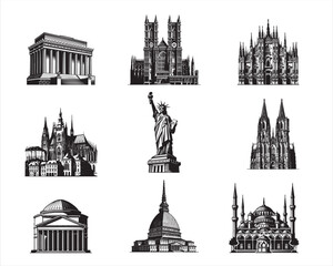 Fototapeta premium Set of World Famous Monument illustration Design, World Landmark Vector ClipArt 