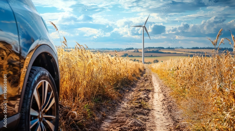 Aufkleber electric vehicles in a rural setting charging from a portable wind turbine emphasizing renewable ene