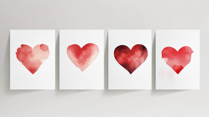 "A set of vector cards featuring watercolor hearts painted with a brush. Designed in a simple and minimalistic style, perfect for holiday or romantic occasions."