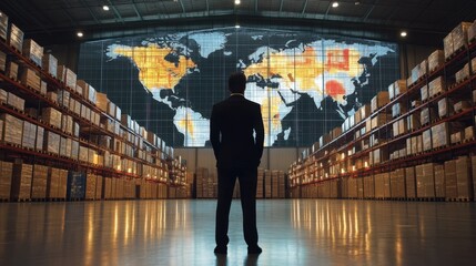 Businessman Observing Global Data in Large Warehouse Space