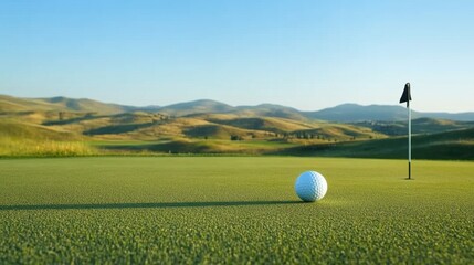 Golf Ball Near Flag on Green with Rolling Hills in Background