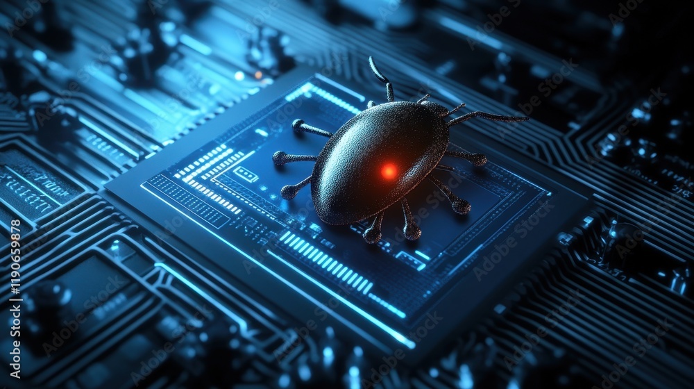Aufkleber cybersecurity concept with metallic bug on circuit board surface